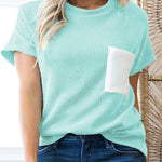 Light Blue Corded Knit Color Block Pocketed Crew Neck T Shirt