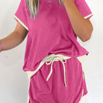Rose Red Colorblock Edge Drop Shoulder T Shirt and Skort 2Pcs Set