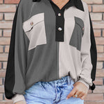 Gray Colorblock Ribbed Collared Oversized Sweatshirt