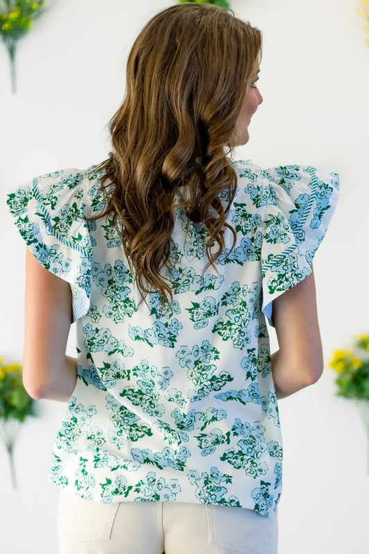 Green Floral Meets Stripes V Neck Flutter Sleeve Blouse