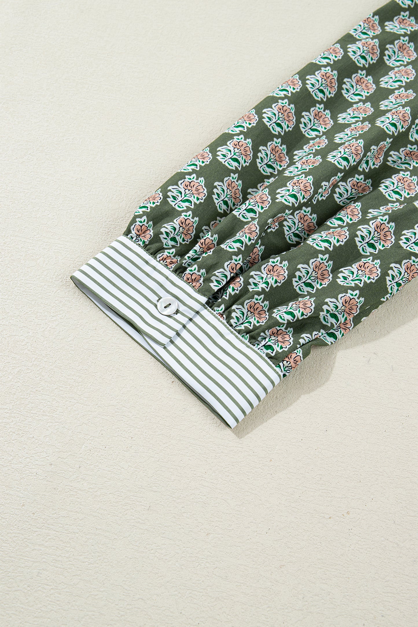 Green Contrast Striped Frilled Collar 3/4 Sleeve Plus Size Floral Dress