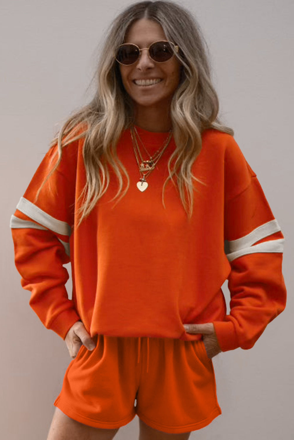 Orange Varsity Striped Sleeve Drop Shoulder Sweatshirt and Short Set