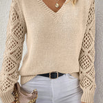 Jet Stream Solid V Neck Pointelle Knit Sleeve Patchwork Sweater