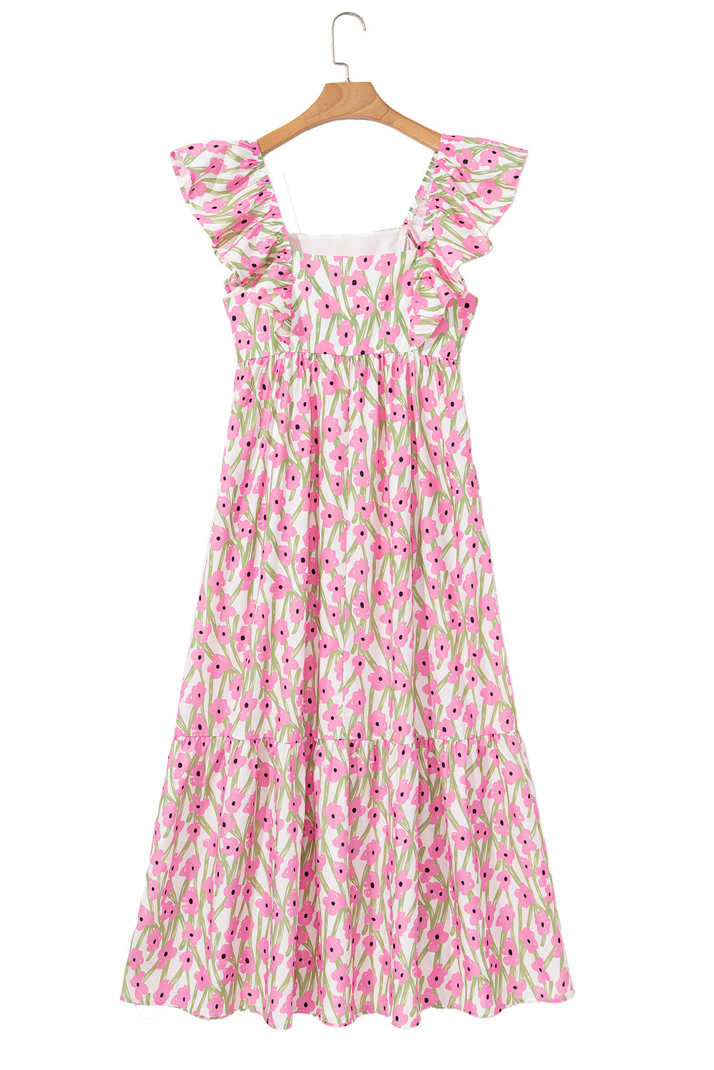 Robe longue rose à imprimé floral, col carré et bretelles à volants