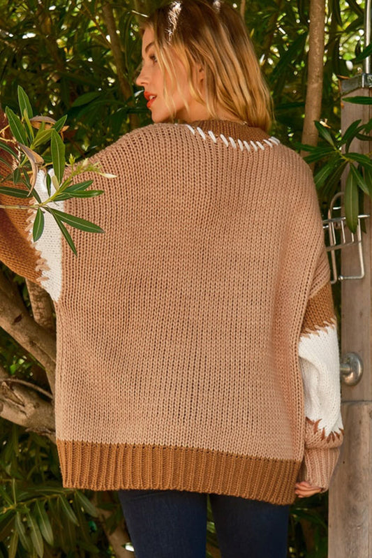 Pull oversize à blocs de couleurs beige clair français et coutures contrastées