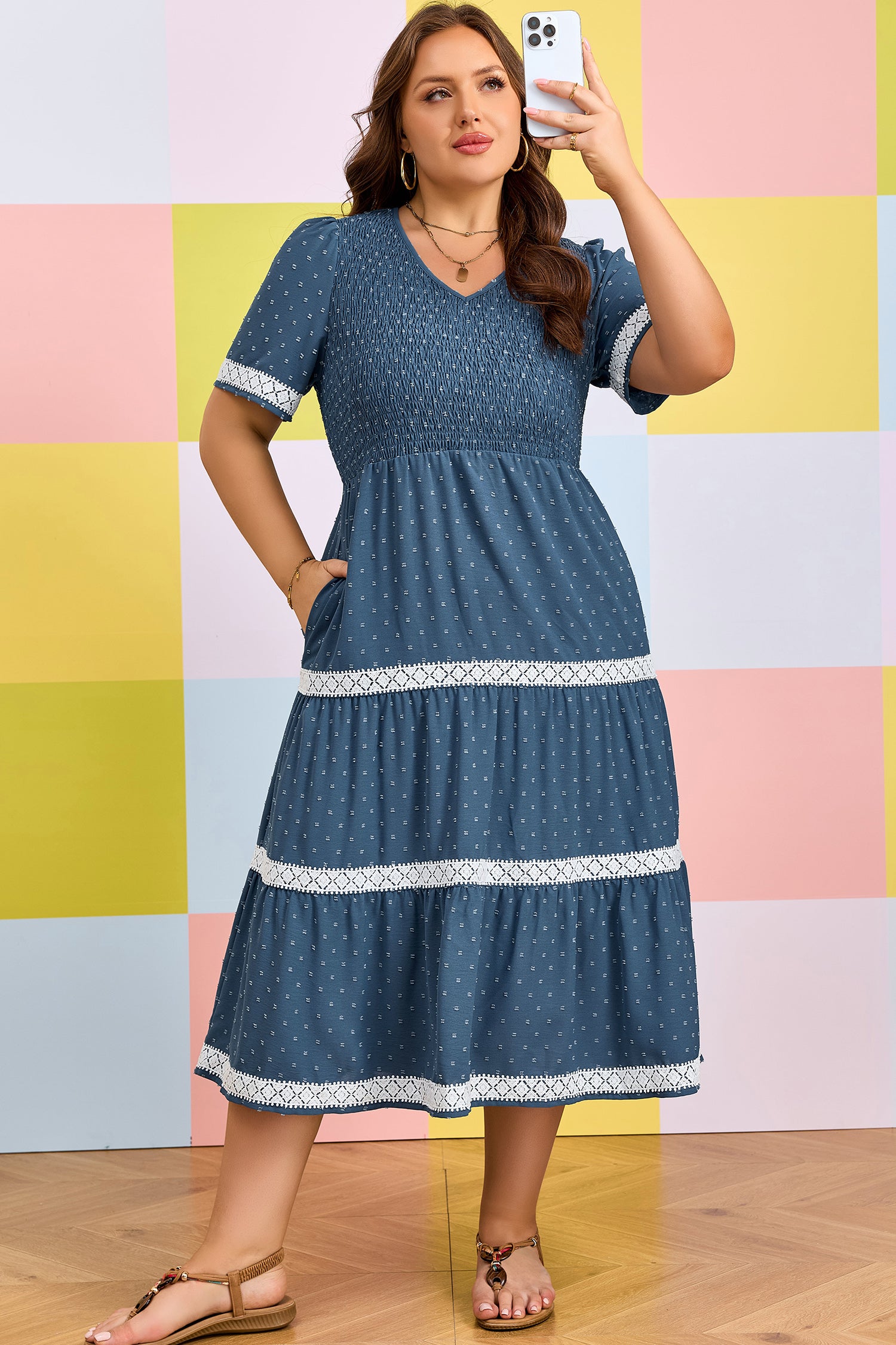 Dusk Blue Plus Size V Neck Swiss Dot Lace Patchwork Detail Flared Midi – HannaBanna Clothing