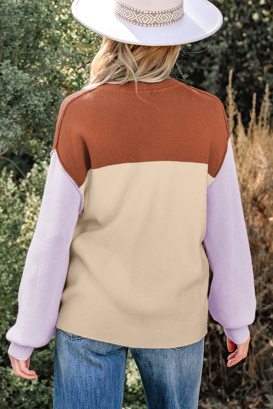 Khaki Color Block Plain Ribbed Knit Baggy Sweater