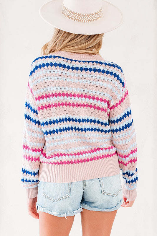 Khaki Stripe Eyelet Patterned Drop Shoulder Sweater