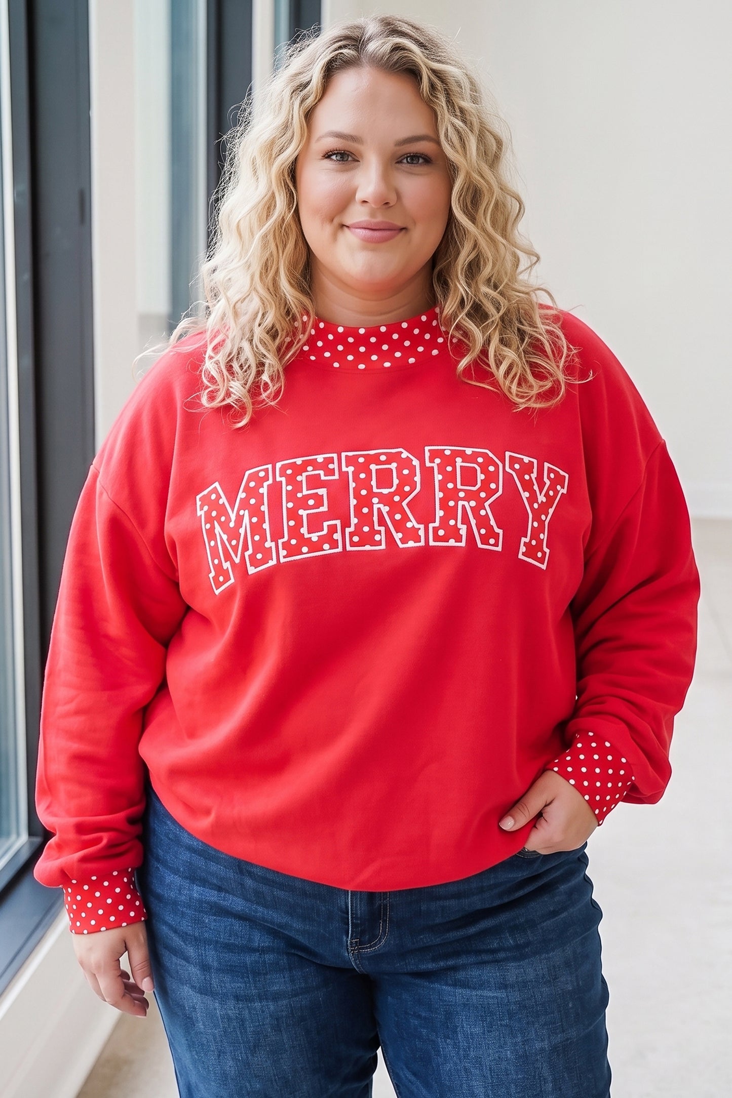 Tomato Red Casual Polka Dot Patchwork Letter Graphic Plus Size Sweatshirt