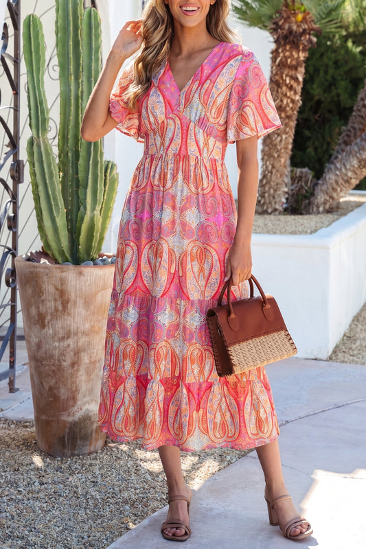 Multicolour Paisley Print V-Neck Short Sleeve Boho Maxi Dress with Ruffle Details