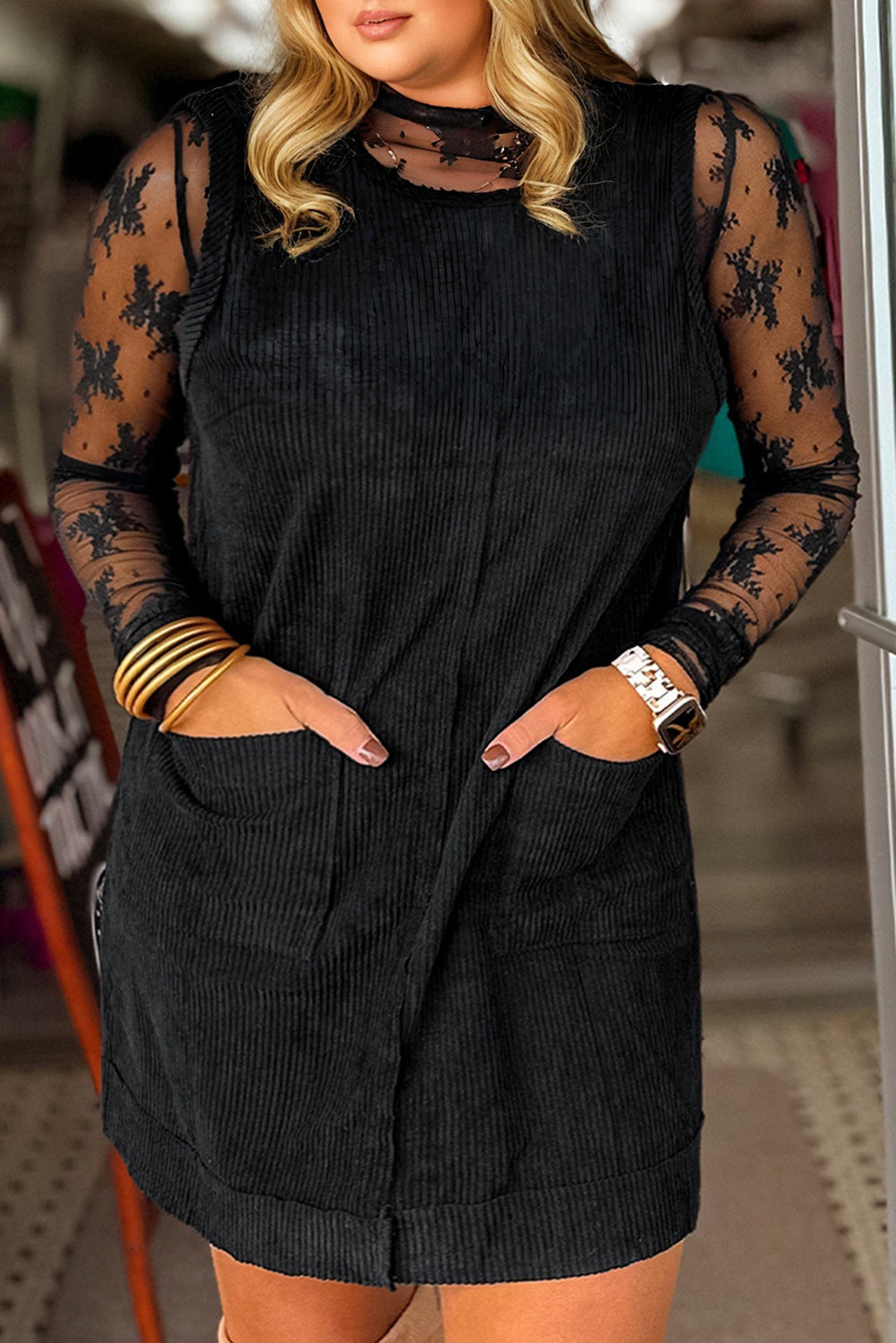 Black Plus Size Corduroy Patch Pocket Sleeveless Mini Dress – HannaBanna Clothing
