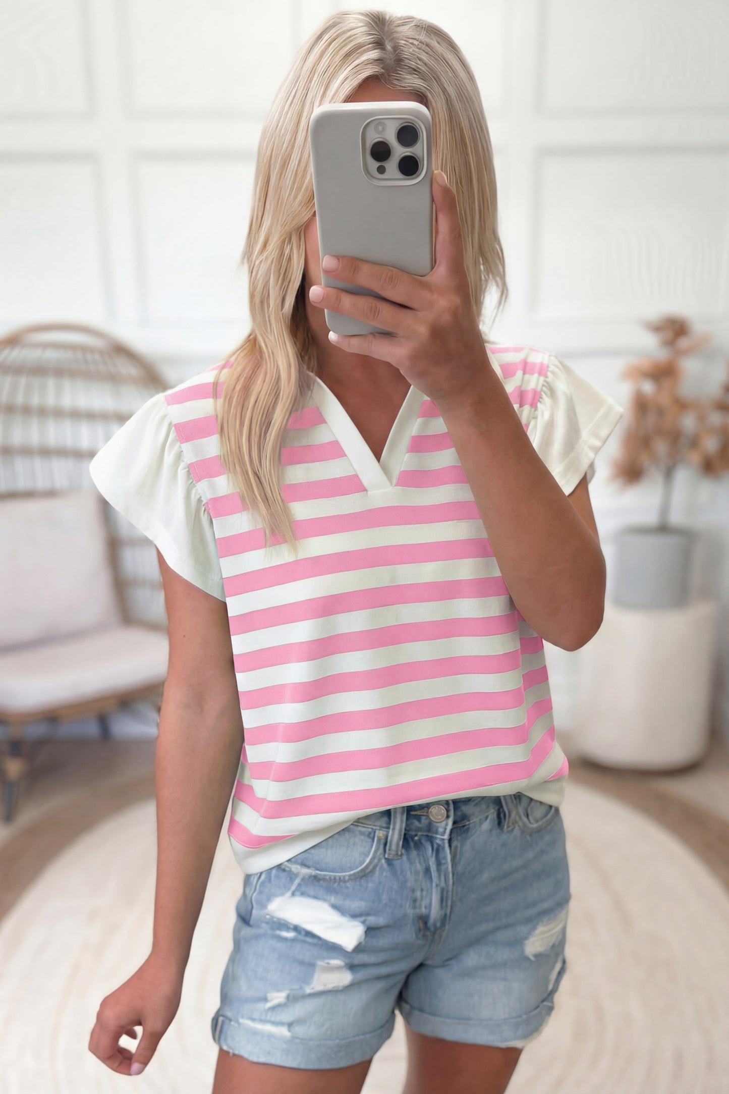 Pink Stripe Collar V Neck Ruffled Short Sleeve Blouse