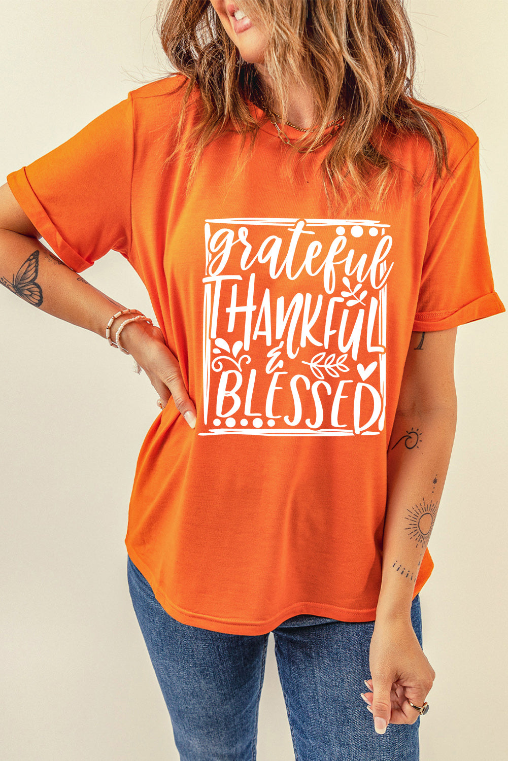 T-shirt orange imprimé « Grateful Thankful Blessed » pour Thanksgiving