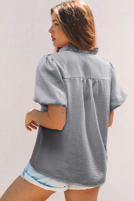 Black Striped Ruffle Short Bubble Sleeve Shirt