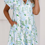 Mini-robe à manches courtes superposées et à bordures contrastées bleu ciel