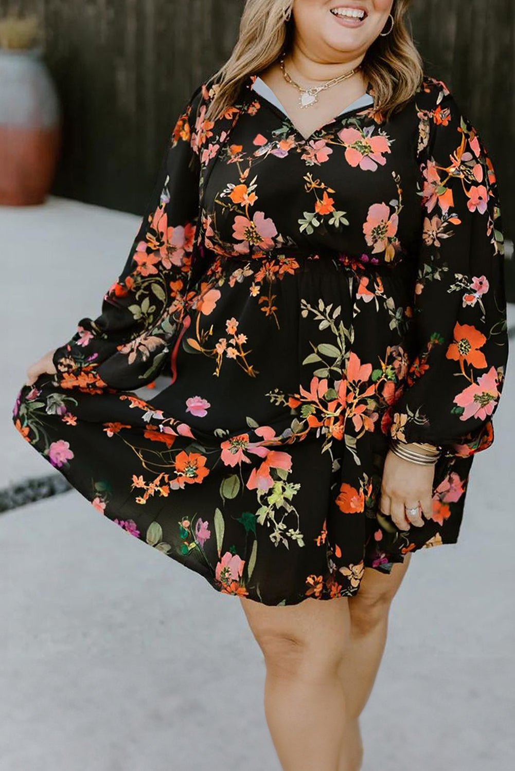 Floral Print Tie Neck Cinched Waist Long Sleeve Tiered A-Line Dress