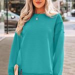 Sea Green Horizontal Ribbed Exposed Seam Detail Drop Shoulder Baggy Pullover