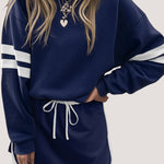 Navy Blue Varsity Stripe Detail Drop Shoulder Pullover Mini Skirt Set