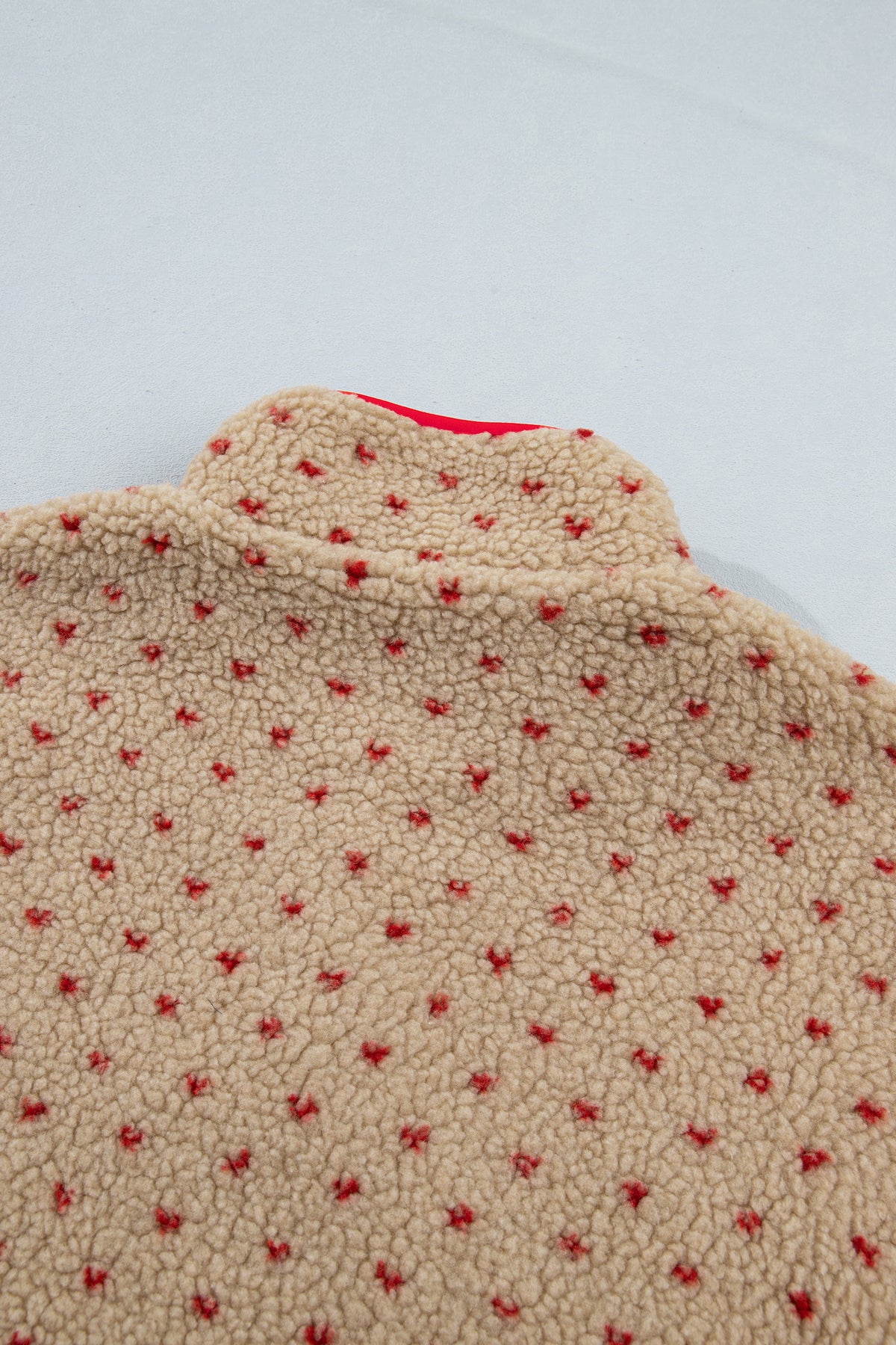 Khaki Heart Pattern Fleece Colorblock Collar Long Sleeve Sweatshirt