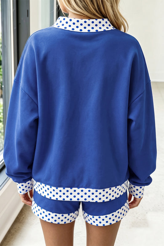 Dark Blue Polka Dot Trim Baggy Pullover 2pcs Short Set