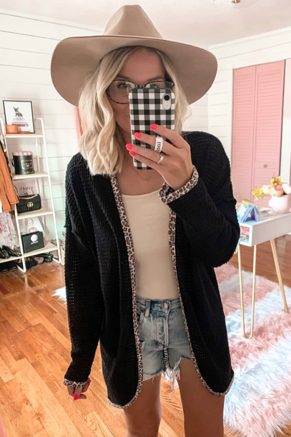 Cardigan ouvert en maille gaufrée contrastée léopard noir