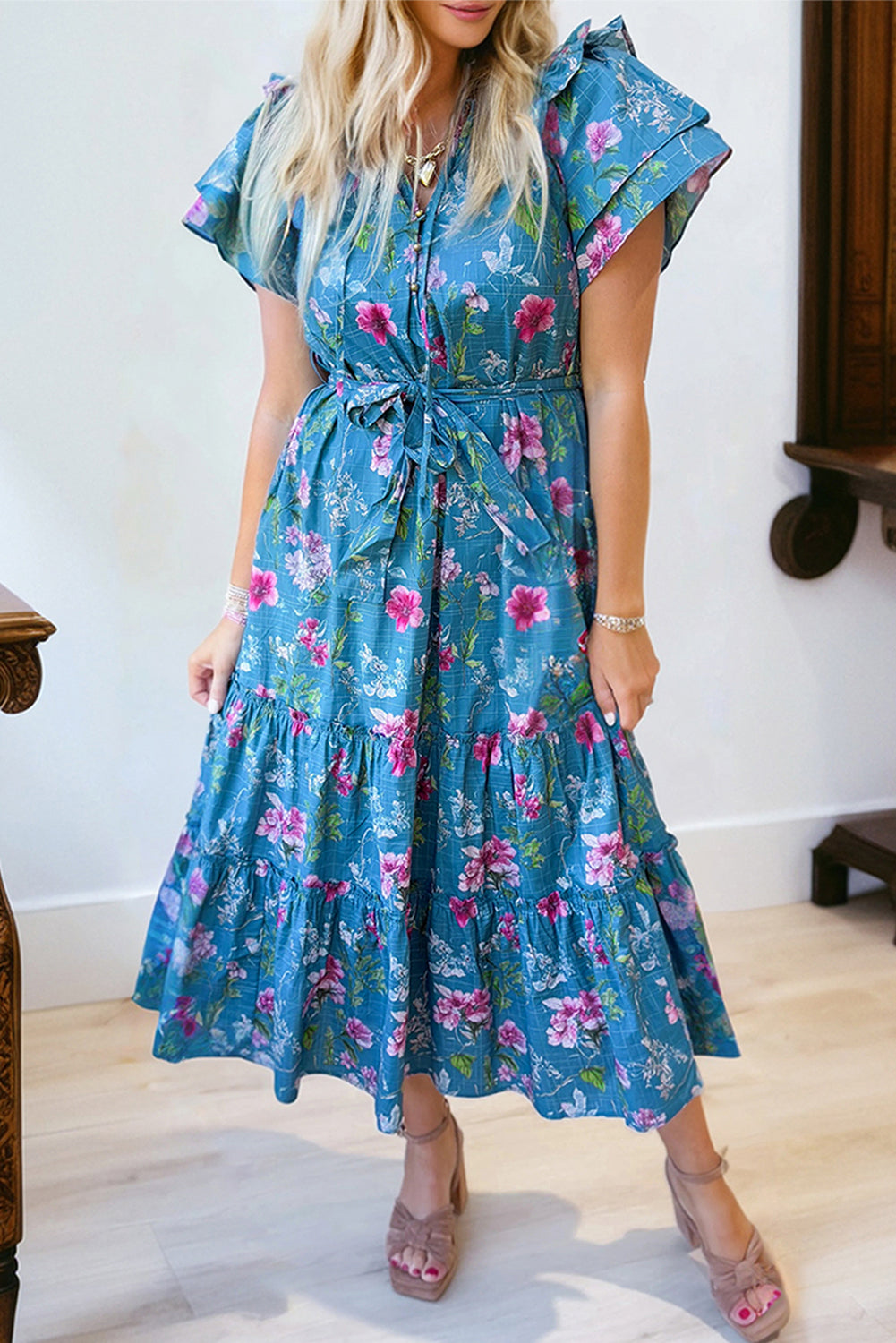 Blue Floral Flutter Sleeve Button Tie Split Neck Belted Long Dress –  HannaBanna Clothing
