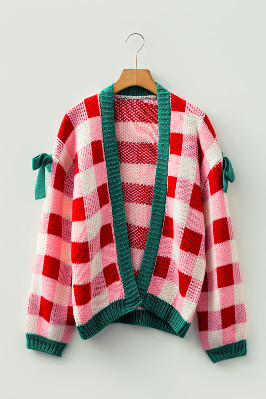 Pink Plaid Knit Bow Knot Decor Open Front Sweater Cardigan