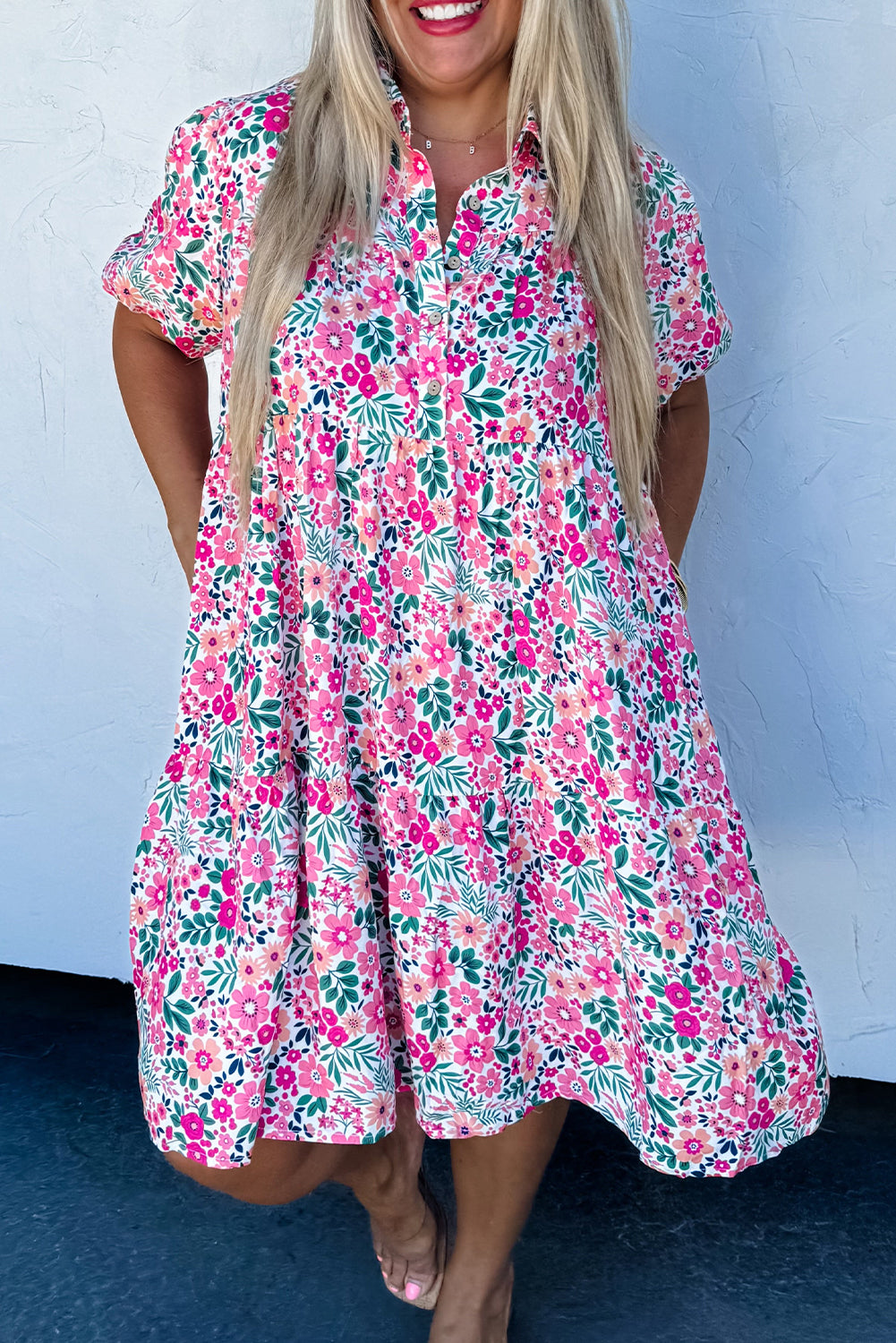 Pink Plus Size Floral Half Button Short Puff Sleeve A-line Dress - Sunny Angela Pink / 3X Pink Plus Size Floral Half Button Short Puff Sleeve A-line Dress - Sunny Angela Pink / 3X