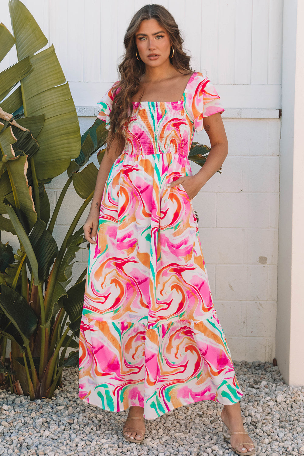 abstract print maxi dress Pink Abstract Print Ruffled Sleeve Smocked Bust Maxi Dress – HannaBanna  Clothing