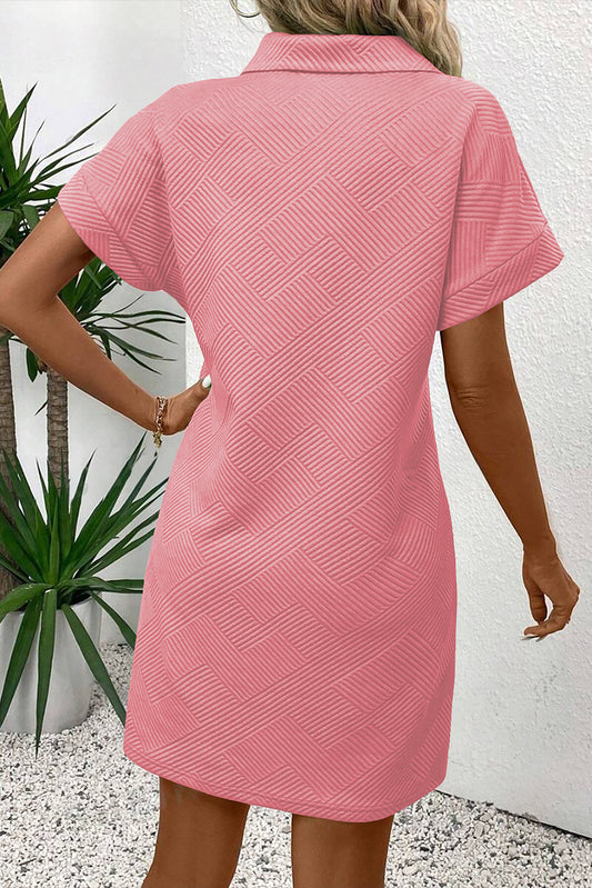 Peach Blossom Solid Color Textured Short Sleeve A Line Mini Dress