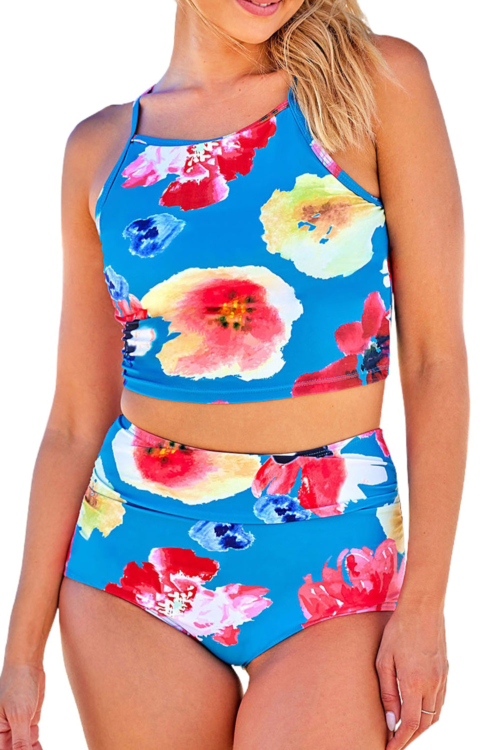 Conjunto de tankini con tirantes finos y estampado floral