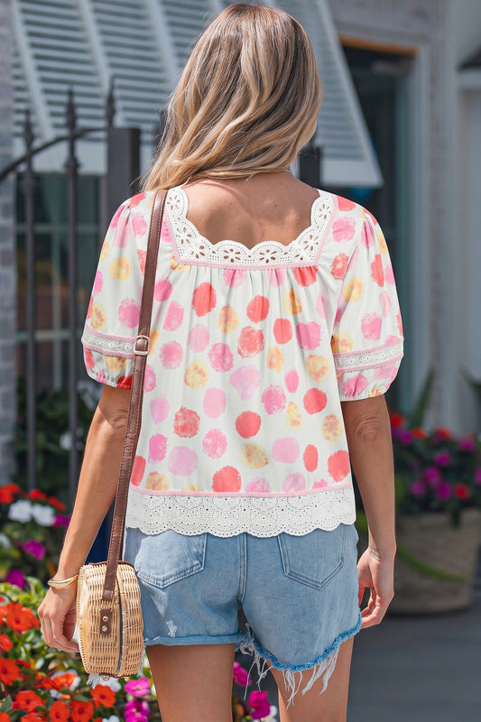 Pink Polka Dot Lace Trim Square Neck Puff Sleeve Blouse