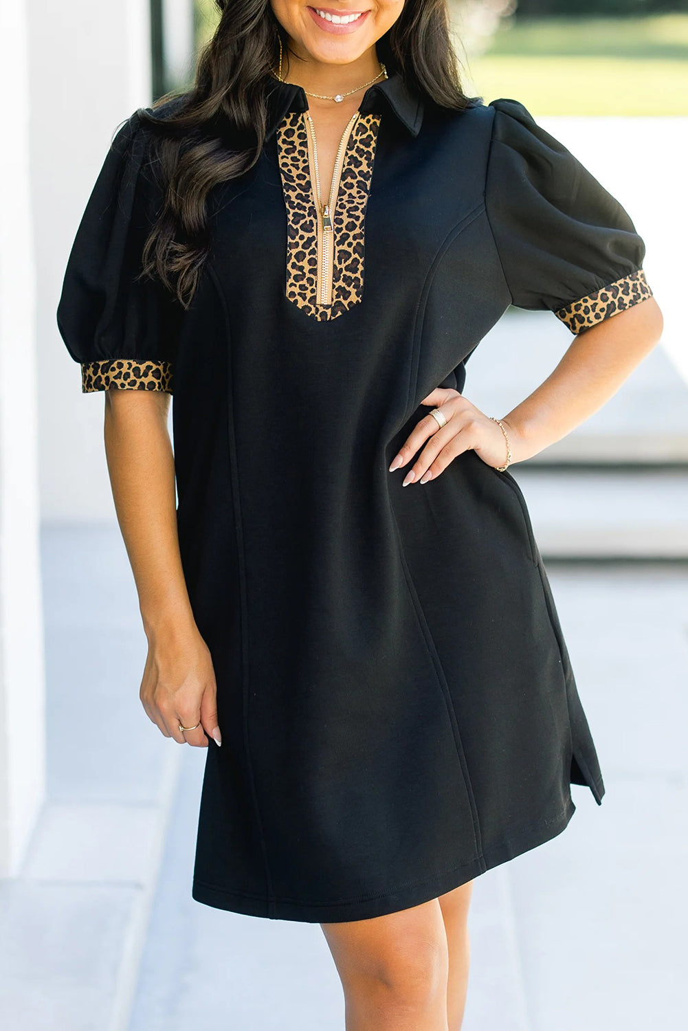 Black Leopard Patchwork Zip Collared Short Puff Sleeve Shift Mini Dress Black / M / 50%Polyester+43%Viscose+7%Elastane