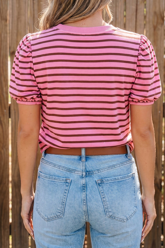 Rose Stripe Striped V-Neck Ribbed Collar Cuff Gathering Puff Sleeve Top