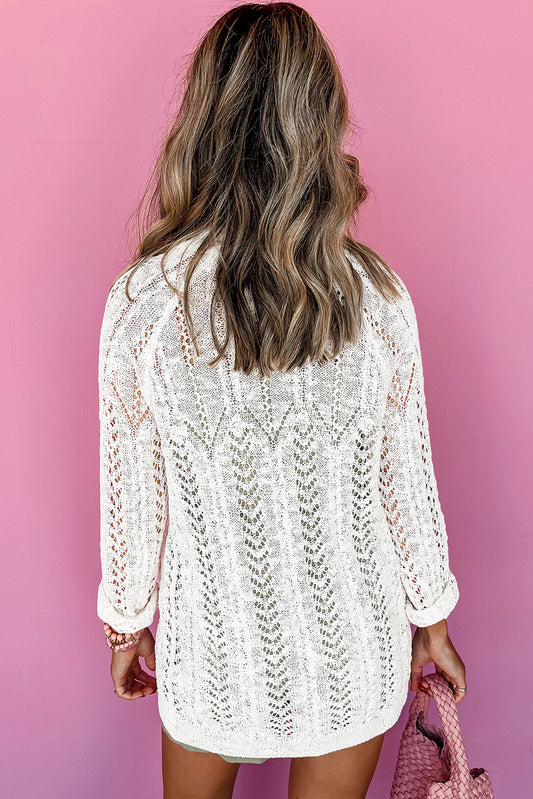 Cardigan blanc uni en maille ajourée