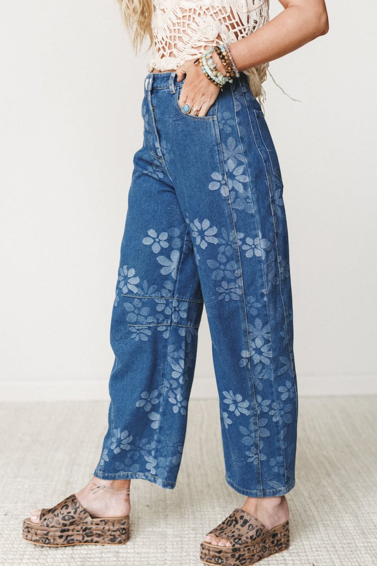 Blue Floral Print Ankle Length Casual Pocket Jeans