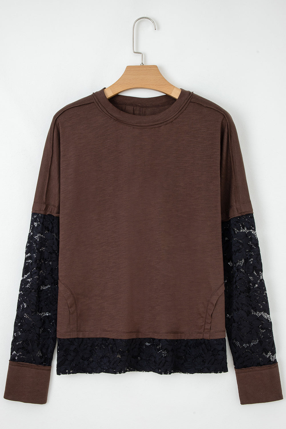 Light French Beige Sheer Lace Patchwork Casual Long Sleeve Tee