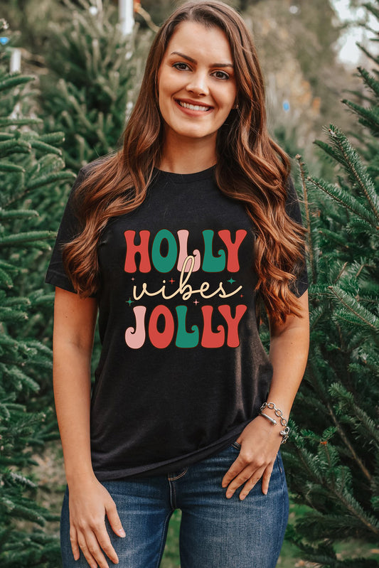T-shirt noir à col rond de Noël avec motif HOLLY JOLLY Vibes