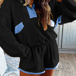 Black Color Block Patchwork Half Button Pullover and Shorts 2pcs Outfit