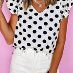 White Polka Dot Print Ruffled Sleeve V Neck Blouse