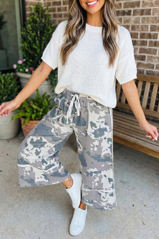 Brown Camouflage Print Contrast Lace-up Raw Edge Pocketed Loose Pants