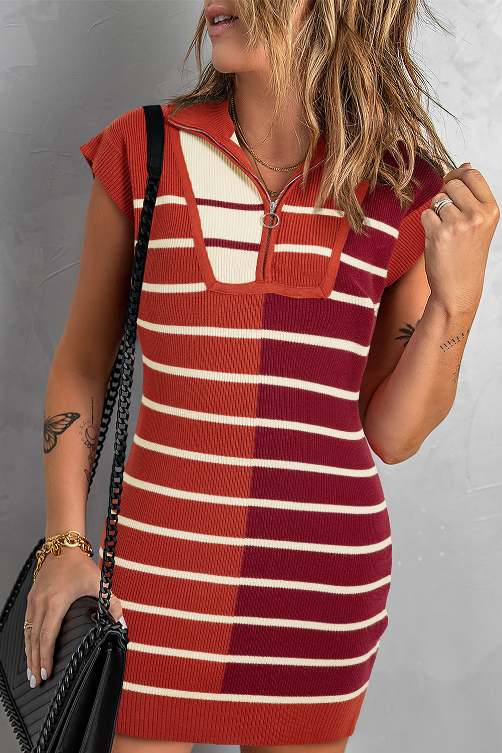 strapless open back dress Brown Stripe Color Block Quarter Zip Collar Short Sleeve Sweater Dress Brown Stripe / XL / 50%Viscose+28%Polyester+22%Polyamide