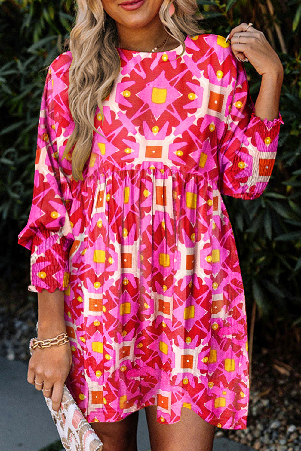 smocked mini dresses long sleeve Strawberry Pink Geometric Print Smocked Long Sleeve Mini Dress Strawberry Pink / L / 100%Polyester