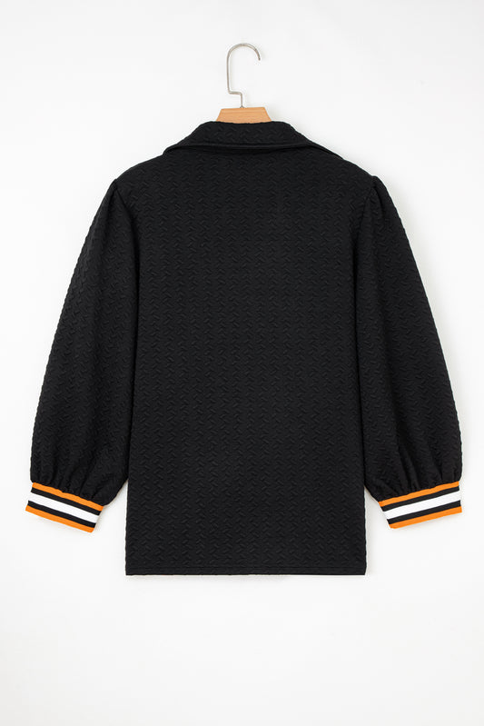 Black Stylish Textured Striped Patchwork Polo Collar Pullover Sweatshirt