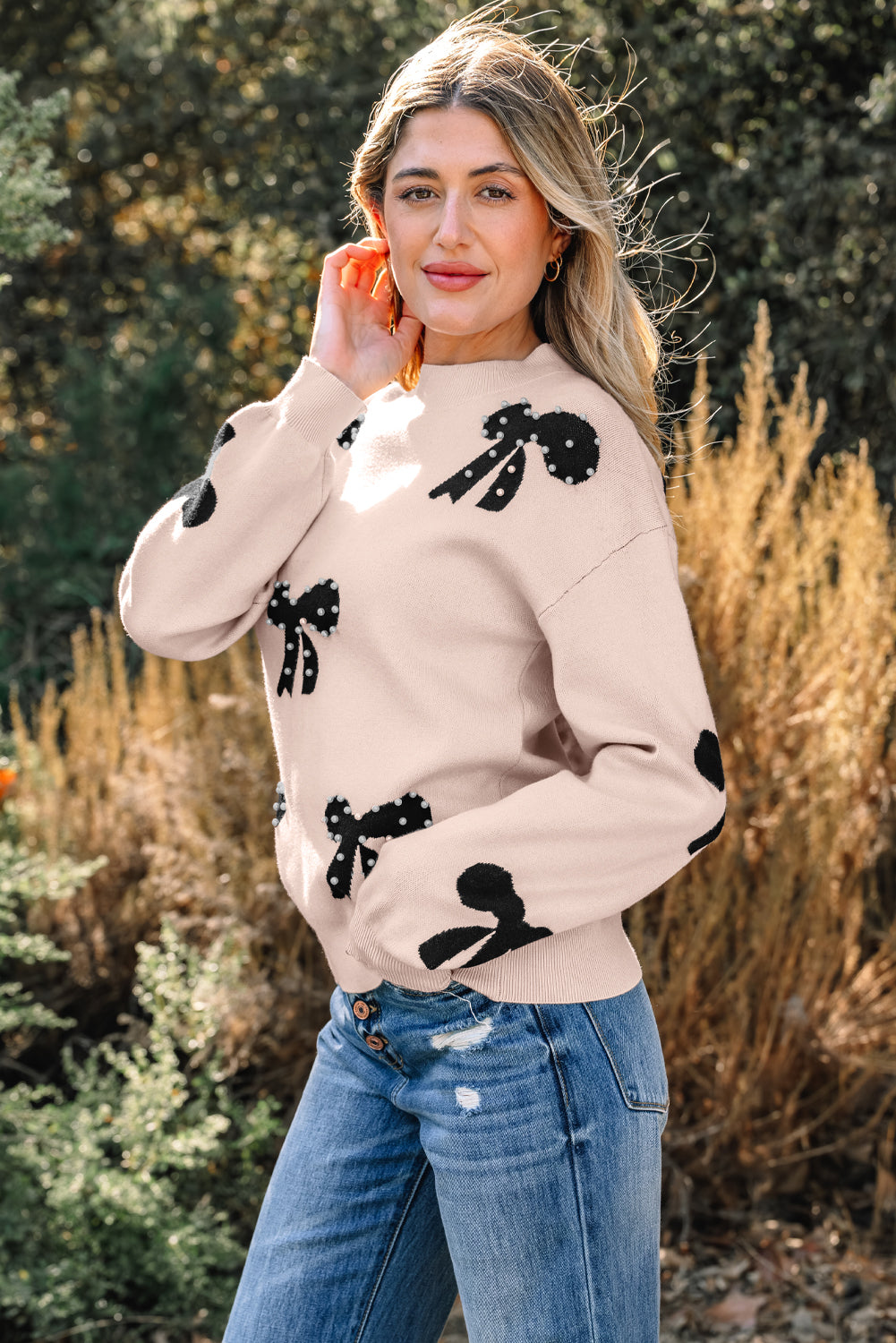 Blackish Green Pearl Embellished Bow Pattern Loose Sweater