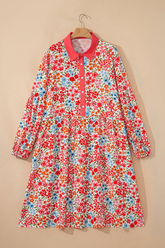 Pink Plus Size Button V Neck Leopard Print Puff Sleeve Loose Mini Dress