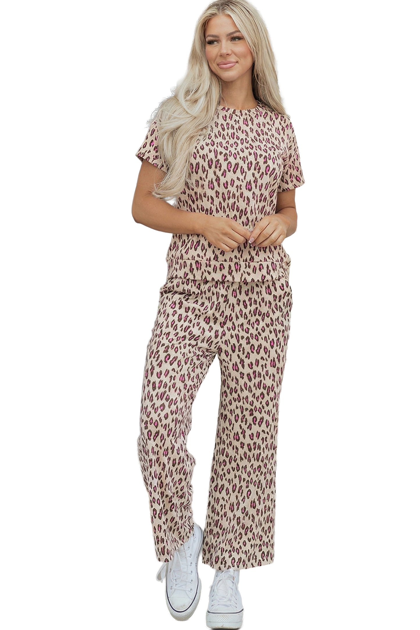 Pink Leopard Print Casual Tee and Pants 2pcs Outfit