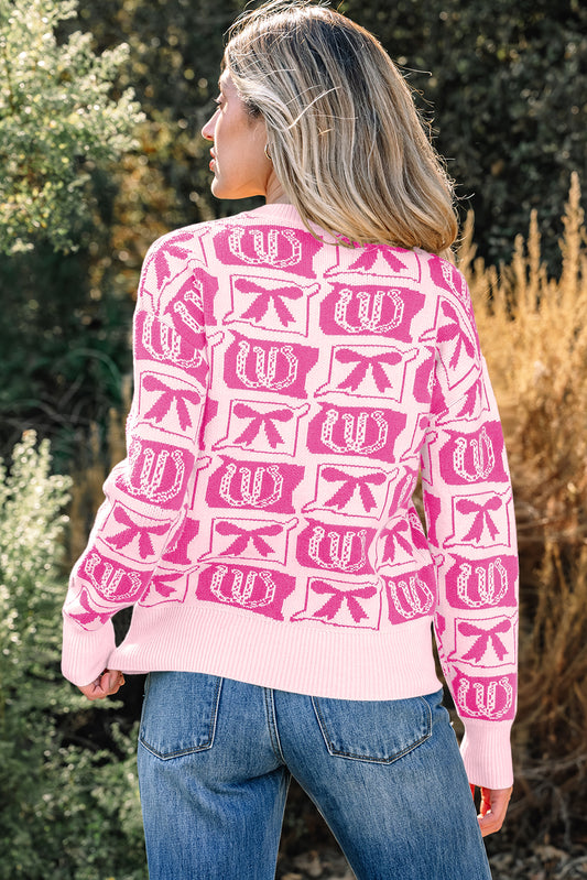 Pink Bows & Horseshoes Pattern Western Fashion Print Sweater