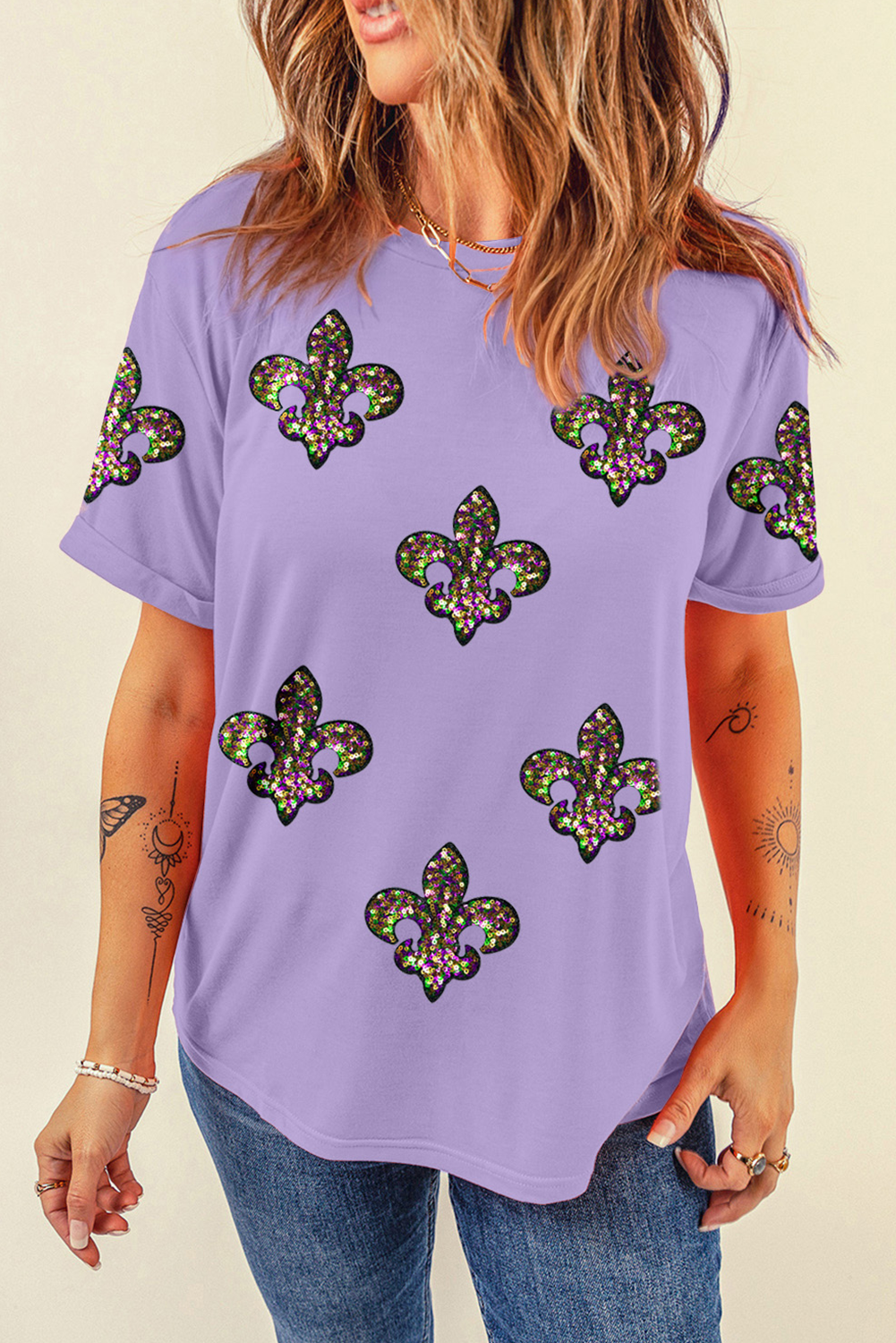 T-shirt tendance Mardi Gras à paillettes et fleur de lys Wisteria