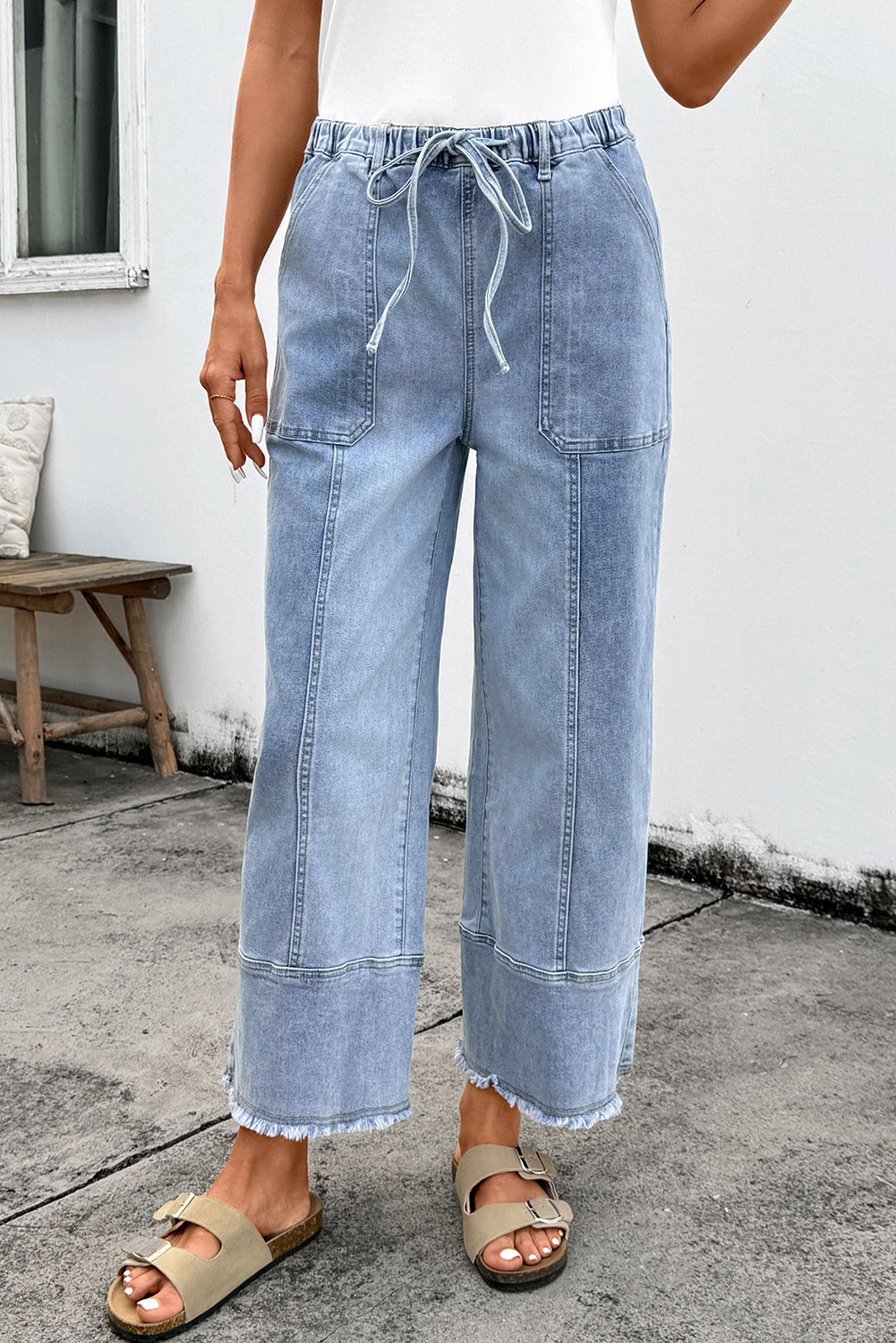 Prussian Blue Drawstring Seam Detail Raw Hem Wide Leg Denim Pants